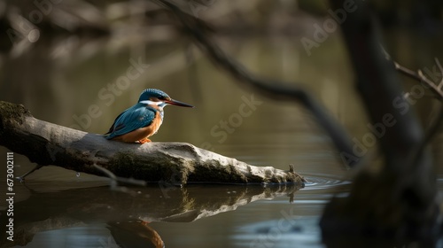 AI generated illustration of a common kingfisher bird perched on a tree trunk near the lake © Wirestock