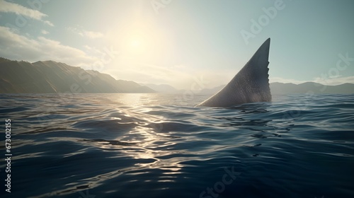 AI generated illustration of a shark fin emerging from the blue waters of the ocean with sun shining © Wirestock