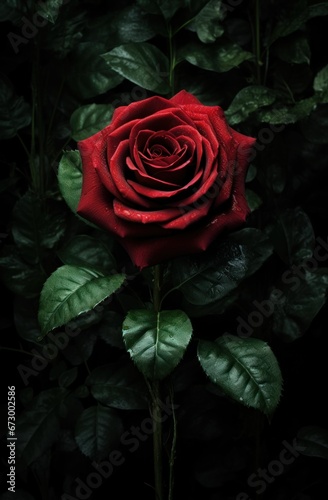 red rose grown in the middle of green leaves