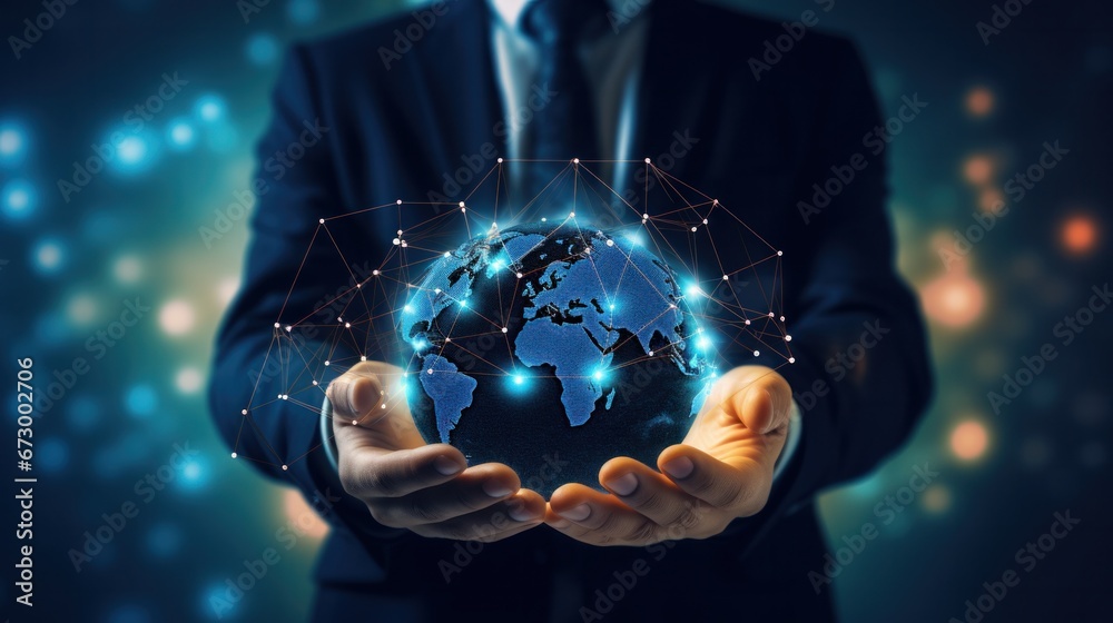 Digital technology, businessman holding Global network connection. Big ...