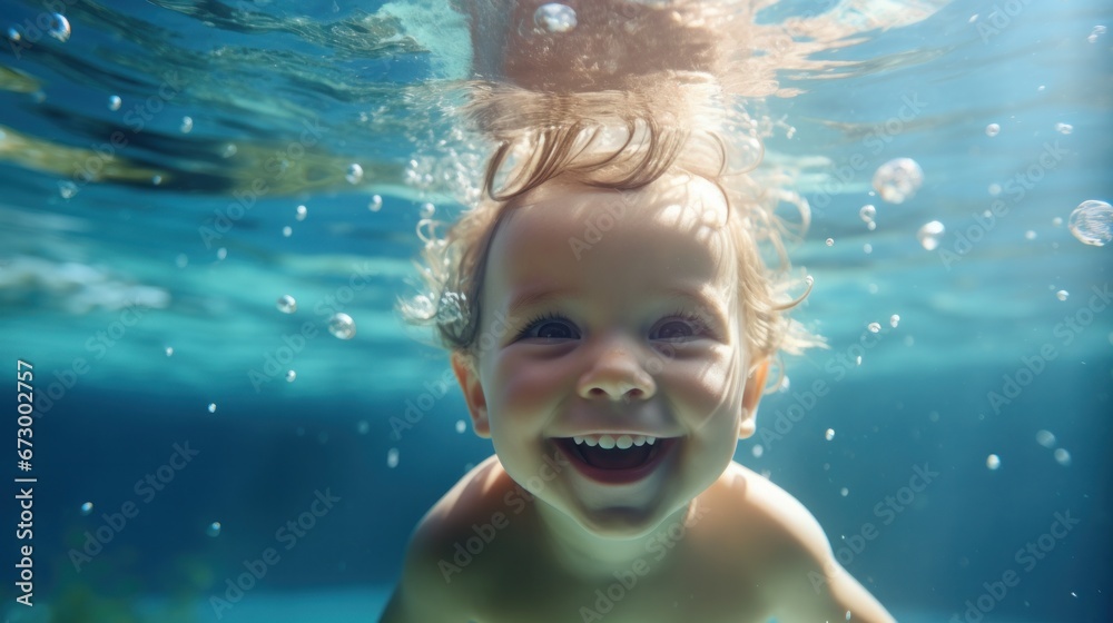 Cute smiling child having fun swimming and diving in the pool at the