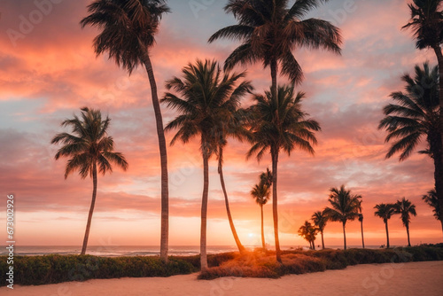 Palm trees on the tropical shore during sunset. Vacation concept © Victoria