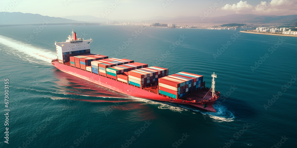 Aerial Panorama Cargo Ship Carrying Containers .High Above the Ocean, Cargo Ship Carrying Containers. - obrazy, fototapety, plakaty 