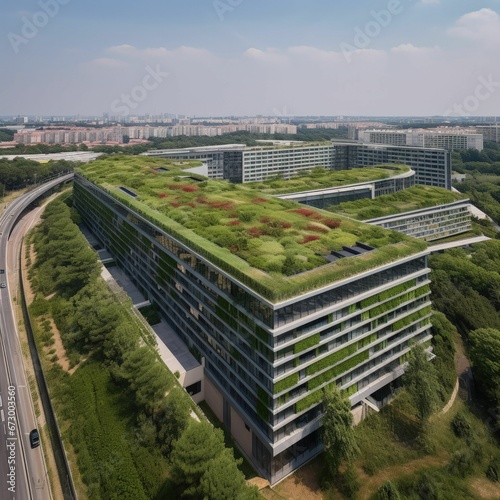 Aerial view of modern cityscape featuring buildings with green roofs  AI-generated.