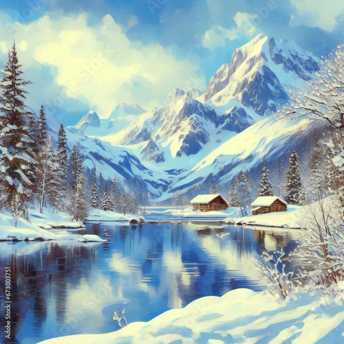 Snowy lakes in the painting design mirror the enchanting beauty of winter