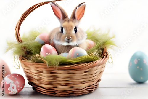 Little Bunny In Basket With Decorated Eggs Easter Card