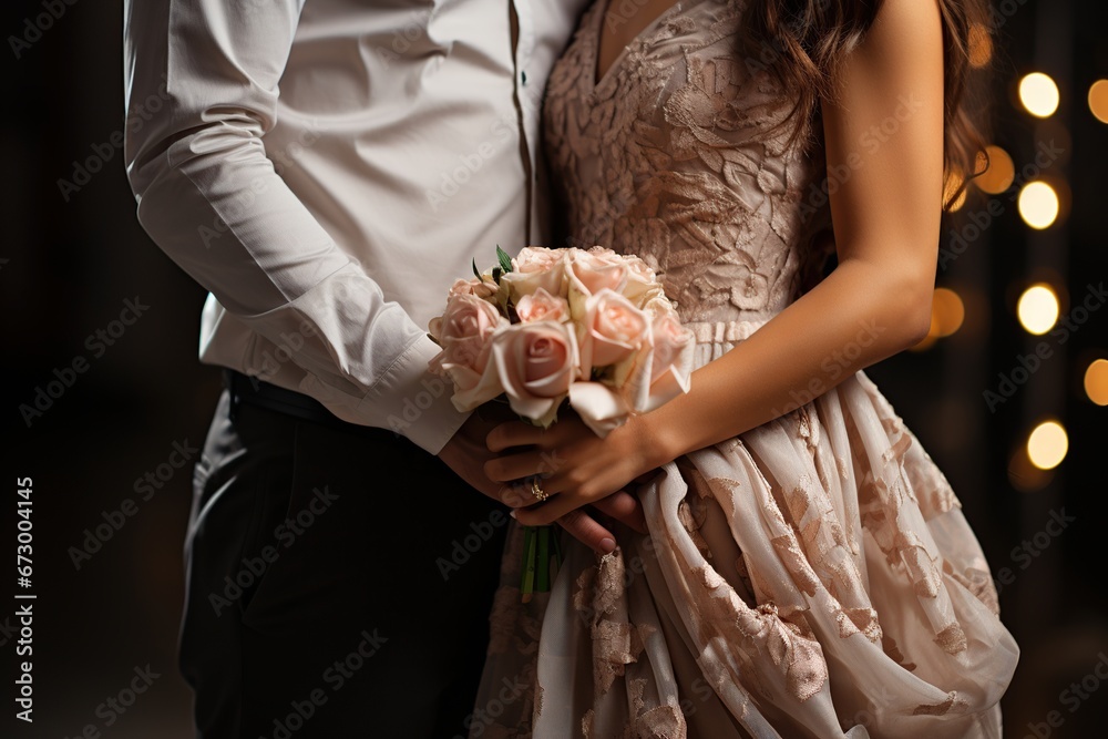 Young couple with beautiful wedding bouquet on blurred background, closeup