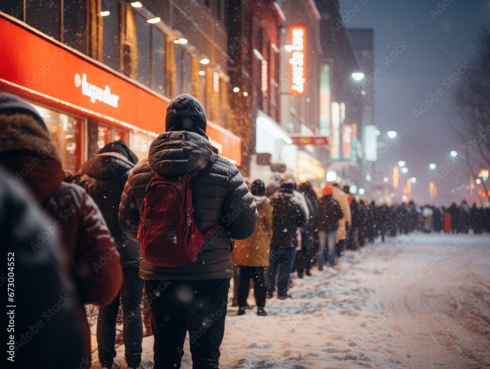 A queue of people waits outside in the snow at night, illuminated by bright store lights and street lamps.