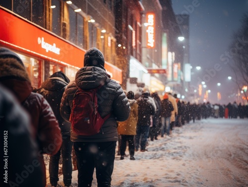A queue of people waits outside in the snow at night, illuminated by bright store lights and street lamps.