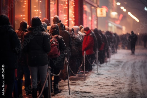  A queue of people bundled up in winter clothing, waiting outside in the snow, likely for an event or service, with warm lighting in the background. photo