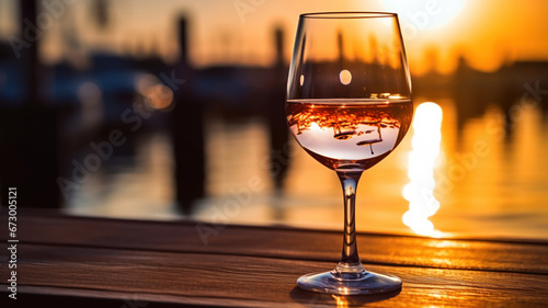 Wine glass glistens under the sun on a seaside pier