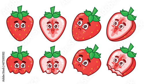Set of sad strawberries. Animated fruit character. Whole strawberries, halves, and bitten ones.