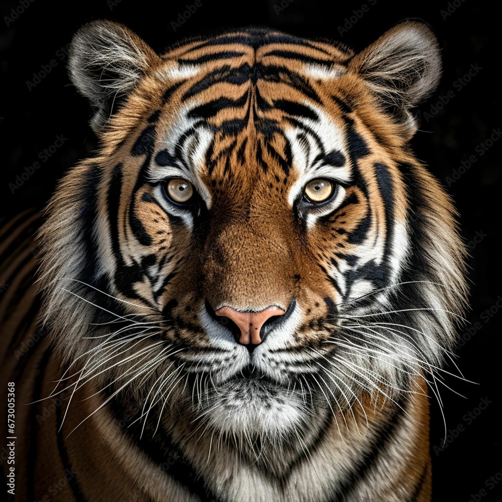 AI generated illustration of a Bengal tiger on a dark background AI generated illustration of a Bengal tiger on a dark background