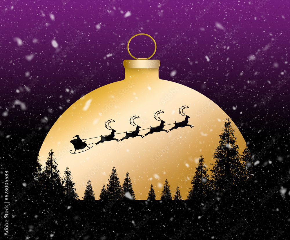Santa Claus and his sleigh and reindeer fly over a pine forest with a ...
