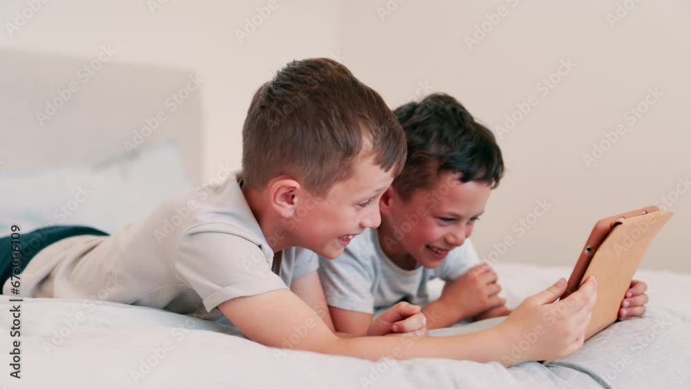 Children, tablet and watching on bed, fun and silly cartoons or series, movies and comedy. Happy boys, kids and laughing for games, digital and streaming on technology, relax and funny videos or meme Children, tablet and watching on bed, fun and silly cartoons or series, movies and comedy. Happy boys, kids and laughing for games, digital and streaming on technology, relax and funny videos or meme