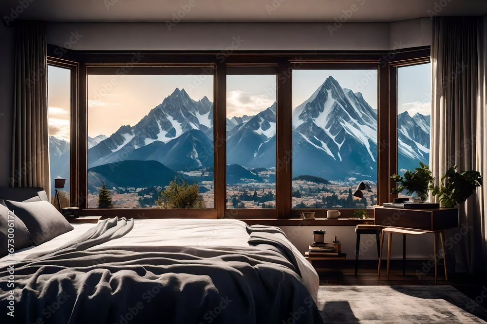 A cozy bedroom interior with a view of the town and mountains through large windows, 