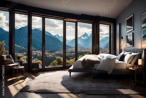 A cozy bedroom interior with a view of the town and mountains through large windows,  © Malaika