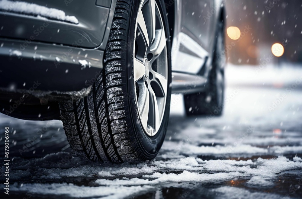 AI generated illustration of a car tire in a snowy urban setting