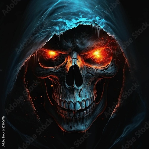 AI generated illustration of a skull with two red glowing eyes
