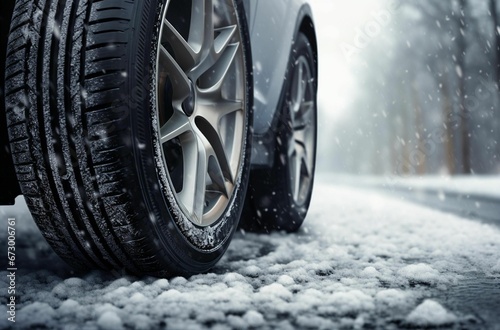 AI generated illustration of an automobile tire on the snow-covered road