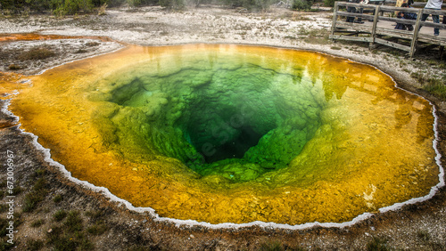 Morning Glory Pool disappears deep into the ground of Upper Geyser Basin in Yellowstone National Park photo