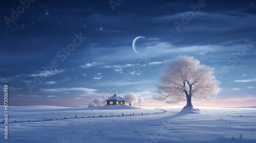 Old dilapidated hut under the moon in the winter fields of the countryside © Olmyntay