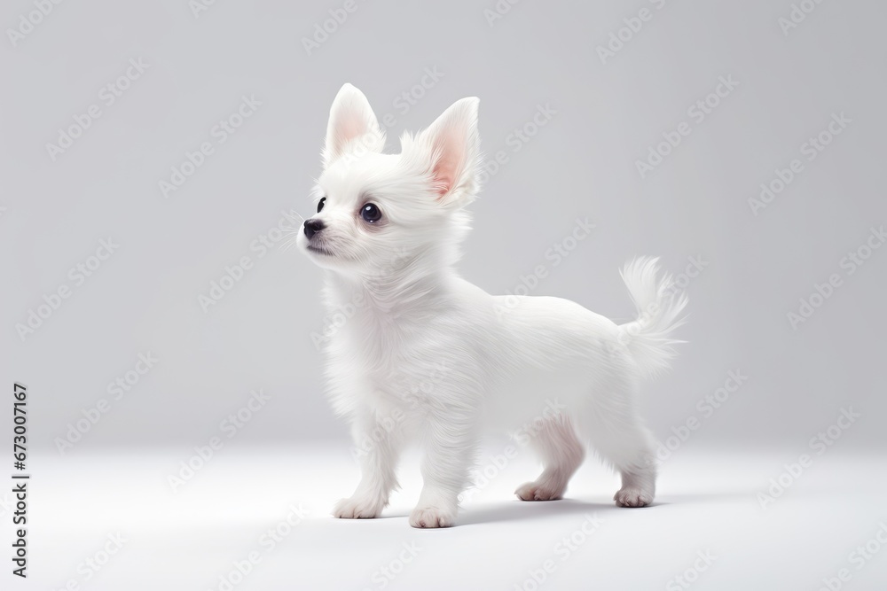 Cute dwarf puppy studio shot on a light background. A small white dog.