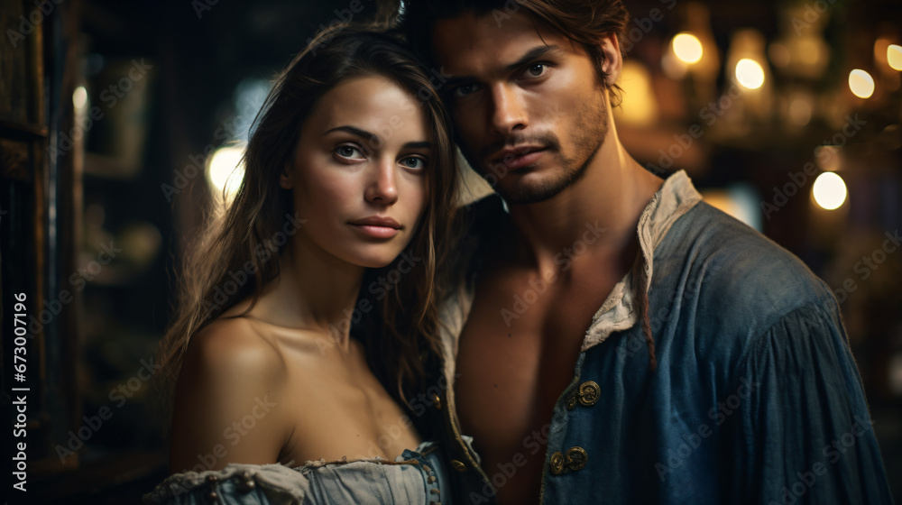 A beuaitful young couple wearing colonial clothes A beuaitful young couple wearing colonial clothes