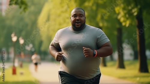 Plump African American man in sportswear at jogging workout on asphalt path in park in sunny weather. Fat man Improves physical health burning fat with thirst to lose weight.