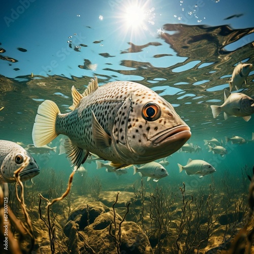 AI-generated illustration of a fish swimming, looking directly at the camera with its eye