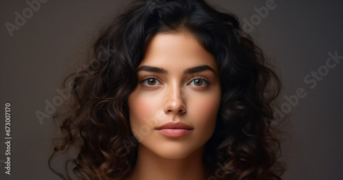 A close up of a beautiful woman with curly black hair