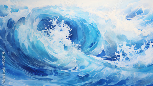 A painting of a large blue wave in the ocean