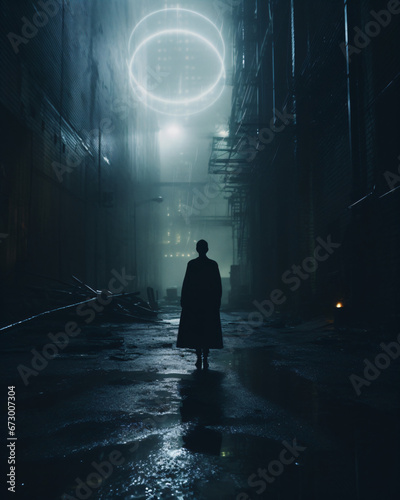 A man walking down a dark alley way wearing a black raincoat