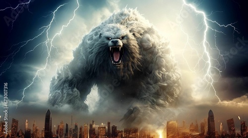 AI generated illustration of a menacing giant bear attacking a city with lightning in the background