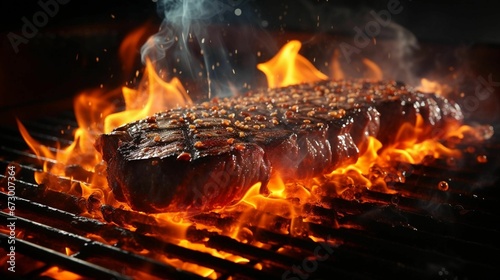 AI generated illustration of a juicy steak sizzling on a barbecue grill