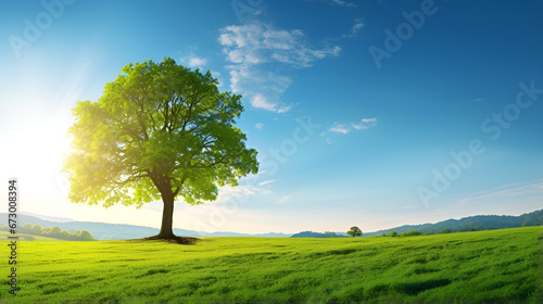 Blue Sky and Green Field,Cloudy Green Landscape Wallpaper.A Tree's Serenity in Nature,AI Generative  © Aleey