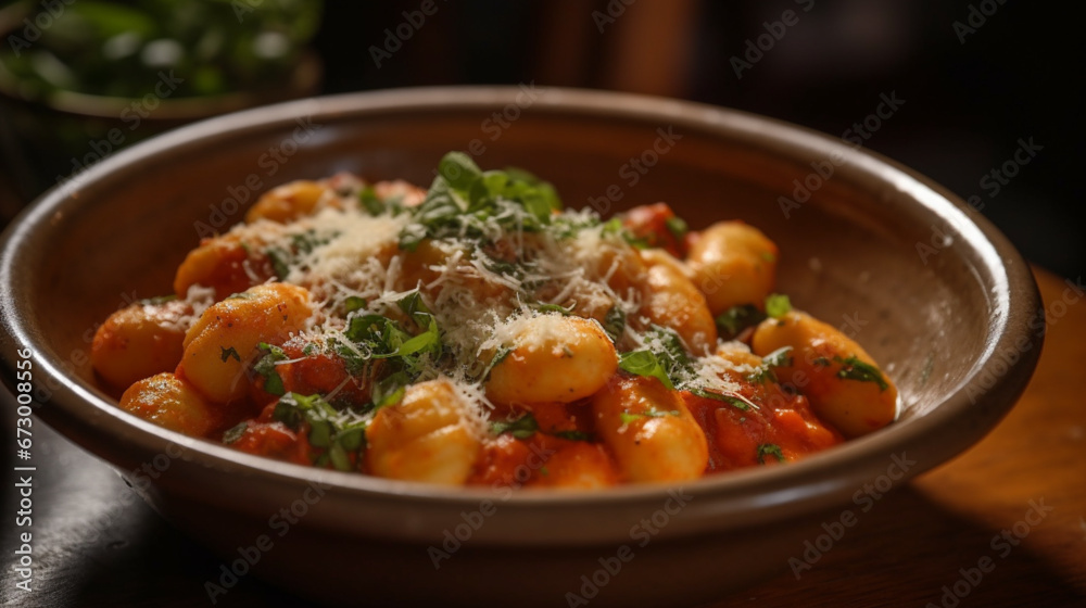 AI-generated illustration of a bowl filled with Gnocchi Pasta. AI-generated illustration of a bowl filled with Gnocchi Pasta.