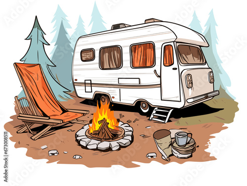 Drawing of artoon travelling scene with a vintage camper a fire illustration separated, sweeping overdrawn lines.