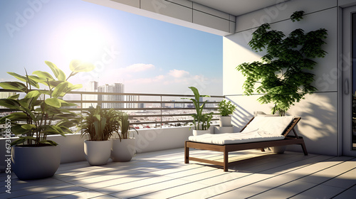 City Living with Balcony View,Elegant Veranda with Potted Plants.Modern Apartment Balcony Oasis,AI Generative 