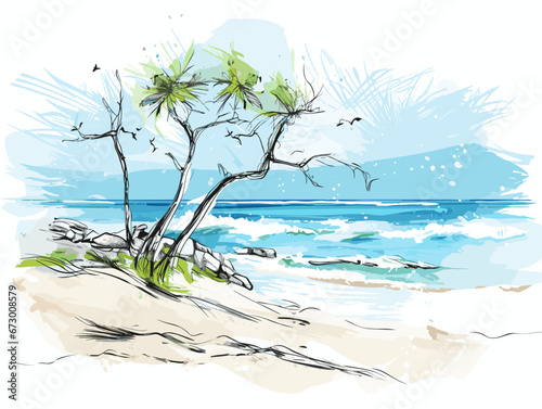 Fototapeta Naklejka Na Ścianę i Meble -  Drawing of Aruba eagle beach caribbean tropical island illustration separated, sweeping overdrawn lines.