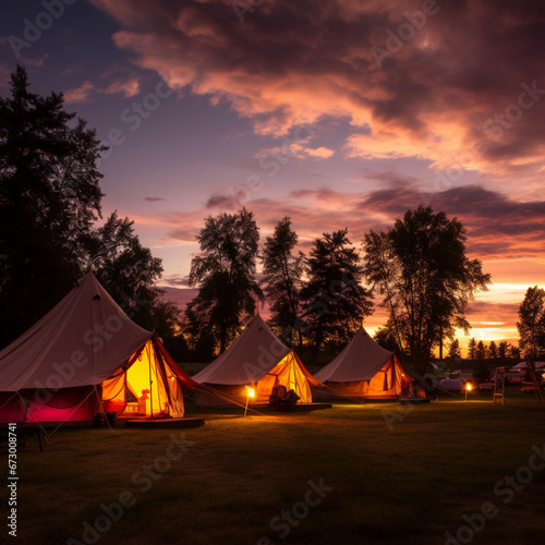 Tents at glamping dusk
