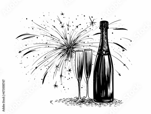 Drawing of Black new year firework and champagne isolated illustration separated, sweeping overdrawn lines.