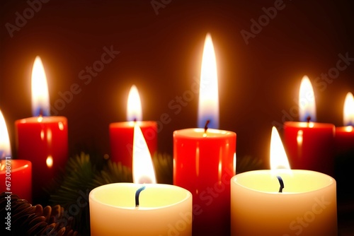 AI generated illustration of an array of lit burning candles
