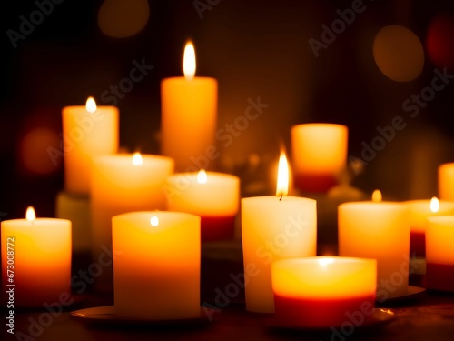 AI generated illustration of an array of lit burning candles
