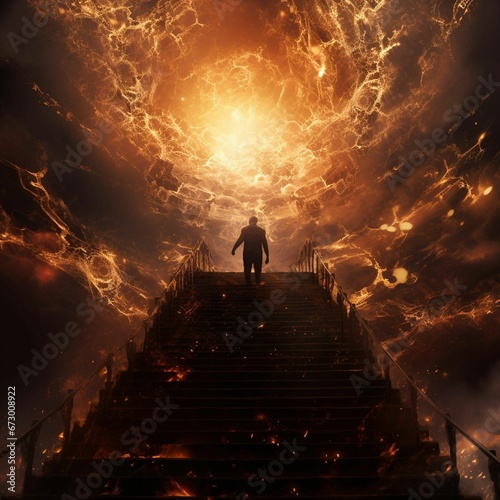 AI generated illustration of a male making his way up stairs with fire flames in the background