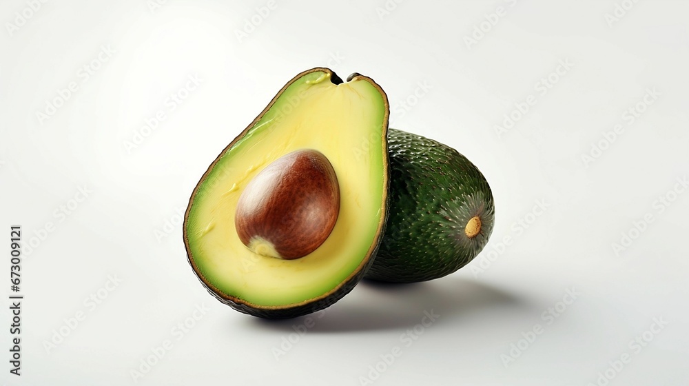 Avocado on isolated white background - green Avocado cut in half with seed, closeup