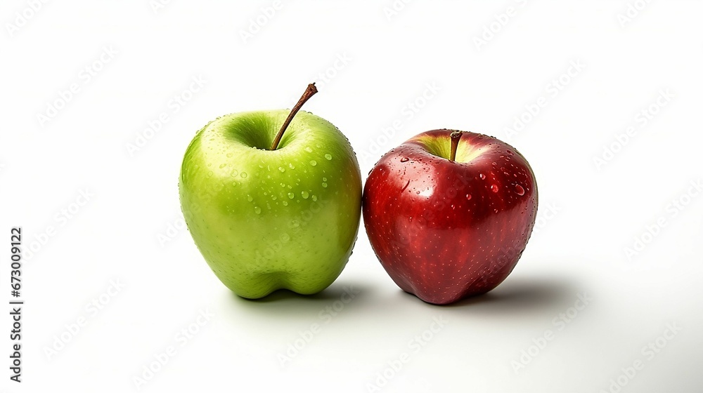 Red and green apple with waterdrops on isolated white background - closeup fresh and healthy fruits Red and green apple with waterdrops on isolated white background - closeup fresh and healthy fruits