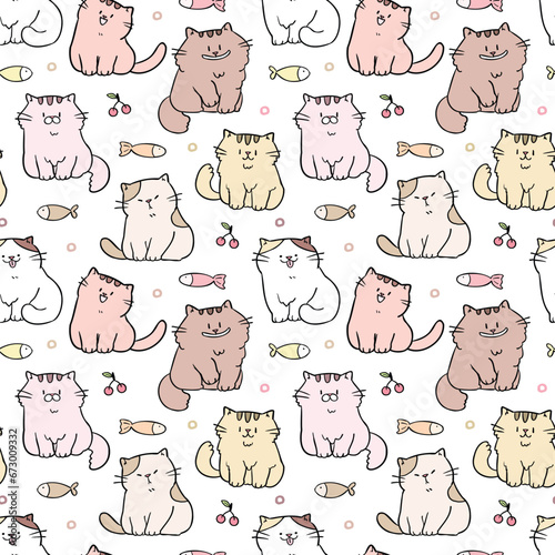 Fototapeta Naklejka Na Ścianę i Meble -  Seamless Pattern of Cute Cartoon Cat Illustration on White Background