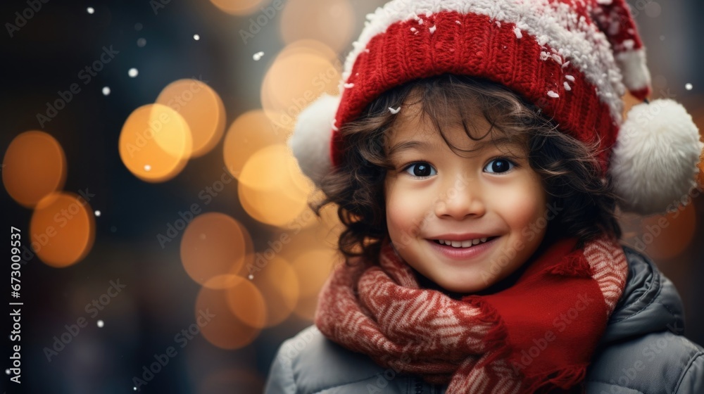 Asian little kid wearing christmas hat showing happy face expression