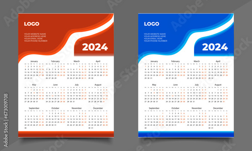 Calendar Design Template. One-page or wall calendar design. 2024 year calendar.